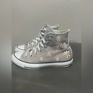 Converse Gray High-Top Sneakers with Daisy Embroidery